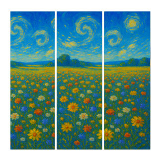 Whimsical Wildflower Meadow Under a Swirling Sky – Triptych