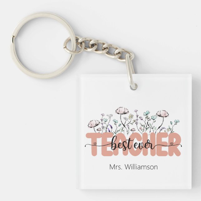 Whimsical Wildflower Personalized Best Teacher Keychain (Front)