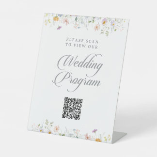 Whimsical Wildflower QR Code Wedding Program Pedestal Sign