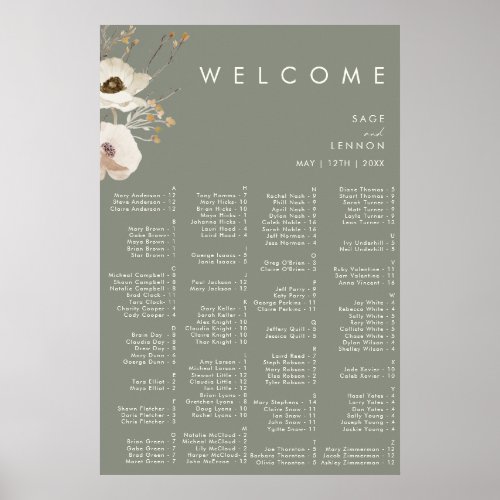 Whimsical Wildflower  Sage Alphabetical Seating Poster
