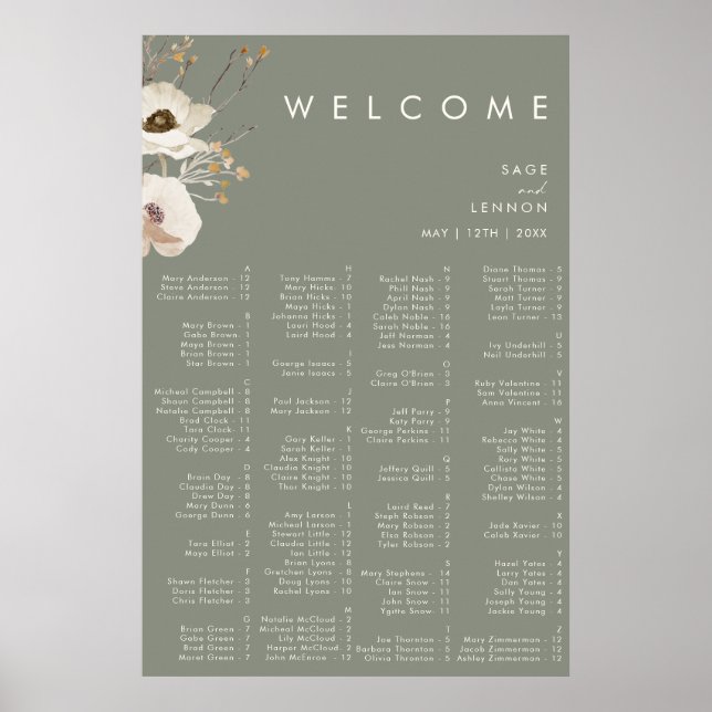 Whimsical Wildflower | Sage Alphabetical Seating Poster (Front)