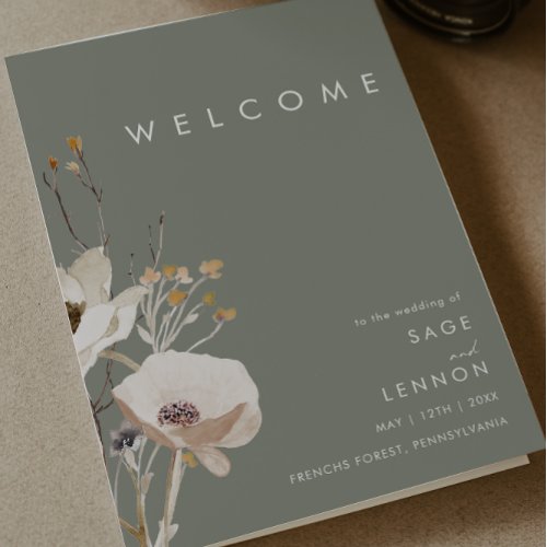 Whimsical Wildflower  Sage Folded Wedding Program