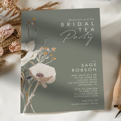 Whimsical Wildflower  Sage Green Bridal Tea Party Invitation