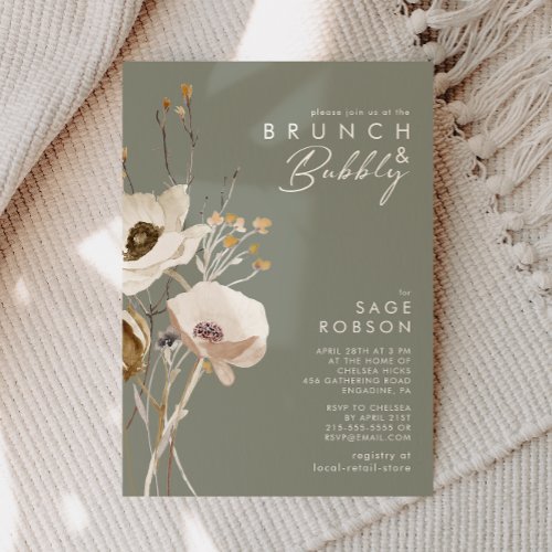 Whimsical Wildflower Sage Green Brunch and Bubbly Invitation