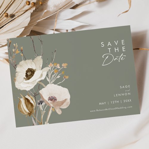 Whimsical Wildflower  Sage Green Horizontal Save The Date