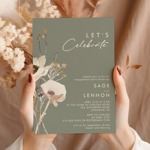 Whimsical Wildflower  Sage Green Lets Celebrate Invitation