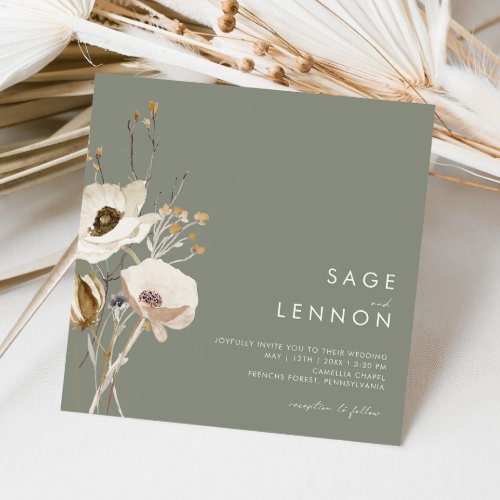 Whimsical Wildflower  Sage Green Square Wedding Invitation