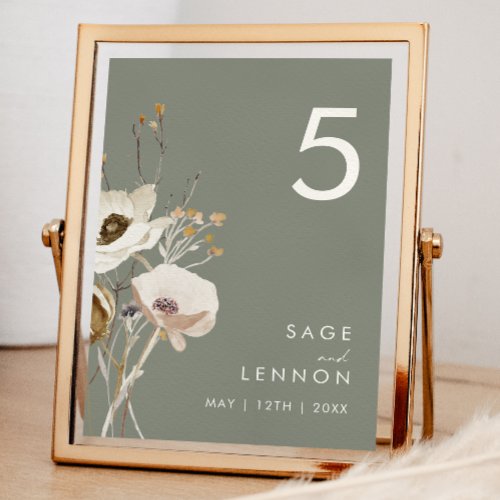 Whimsical Wildflower  Sage Green Table Number
