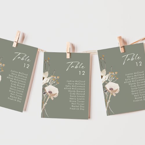 Whimsical Wildflower Sage Green Table Number Chart