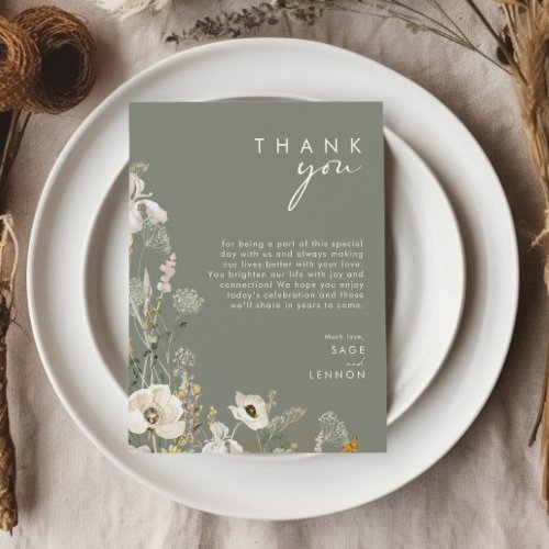 Whimsical Wildflower  Sage Green Thank You Card 