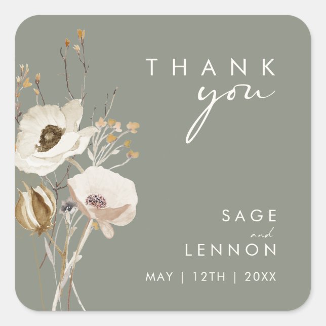 Whimsical Wildflower Sage Green Thank You Sticker (Front)