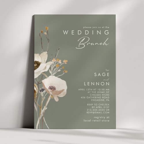 Whimsical Wildflower  Sage Green Wedding Brunch Invitation