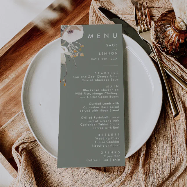 Whimsical Wildflower Sage Green Wedding Dinner Menu Zazzle