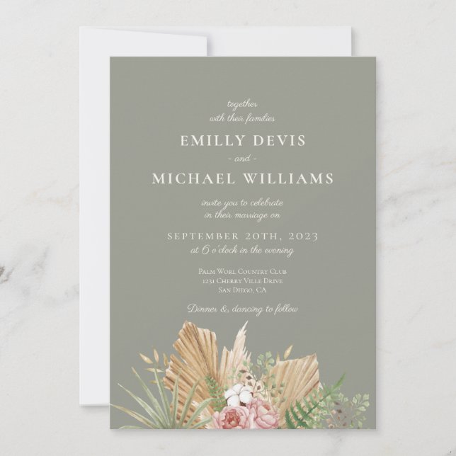Whimsical Wildflower Sage Green Wedding Invitation (Front)