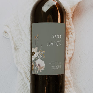 Whimsical Wildflower   Sage Green Wedding Wine Label