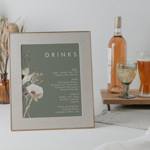 Whimsical Wildflower Sage Wedding Drinks Menu Poster