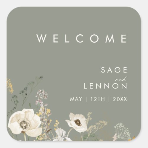 Whimsical Wildflower Sage Wedding Welcome Sticker