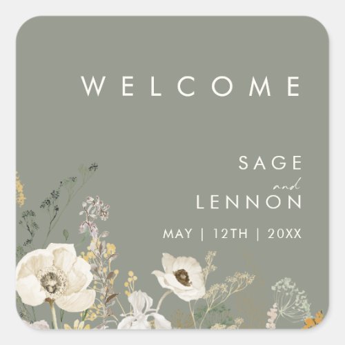 Whimsical Wildflower Sage Wedding Welcome Sticker