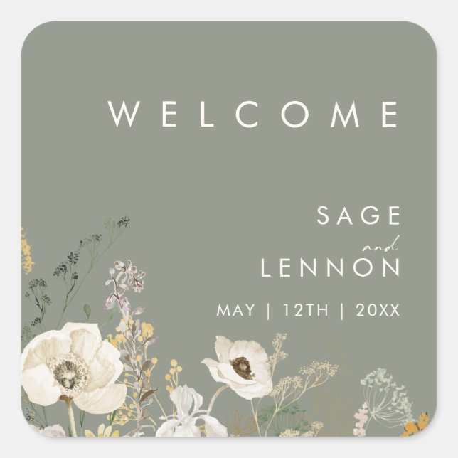 Whimsical Wildflower Sage Wedding Welcome Sticker (Front)