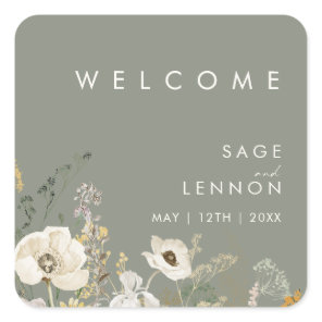 Whimsical Wildflower Sage Wedding Welcome Sticker