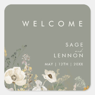 Whimsical Wildflower Sage Wedding Welcome Sticker