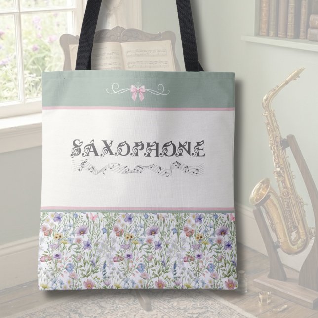 Whimsical Wildflower Saxophone Accessory Tote Bag (Floral Saxophone Musician Tote Bag in a Sunlit Sage Green Cottagecore Interior)