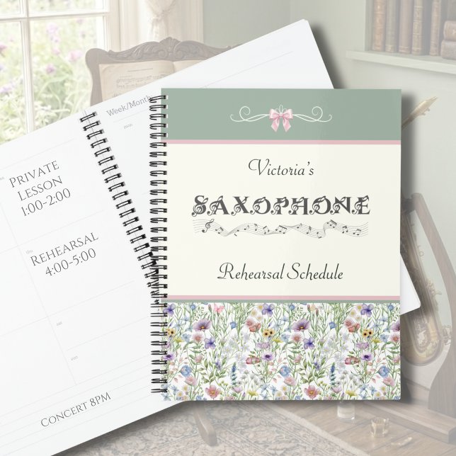 Whimsical Wildflower Saxophone Rehearsal Planner (Custom Saxophone Rehearsal Planner with Botanical Wildflower Border in a Music Room)