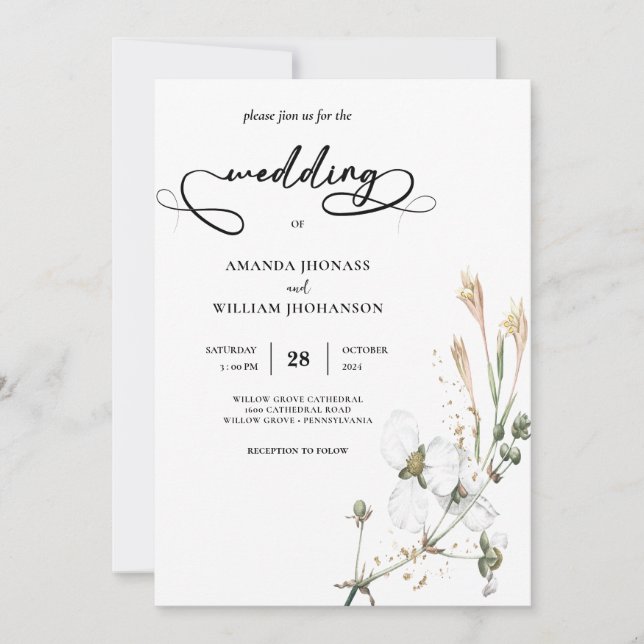 Whimsical Wildflower simple calligraphy Wedding Invitation (Front)