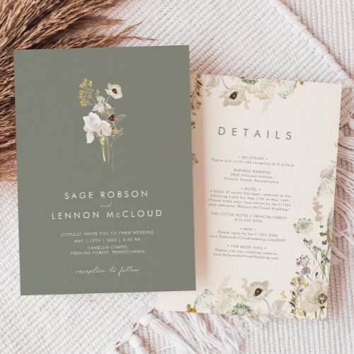 Whimsical Wildflower Simple Sage Green All In One  Invitation