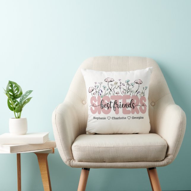 Whimsical Wildflower Sisters Are Best Friends Throw Pillow (Chair)