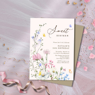 Whimsical Wildflower Sweet Sixteen Script Birthday Invitation
