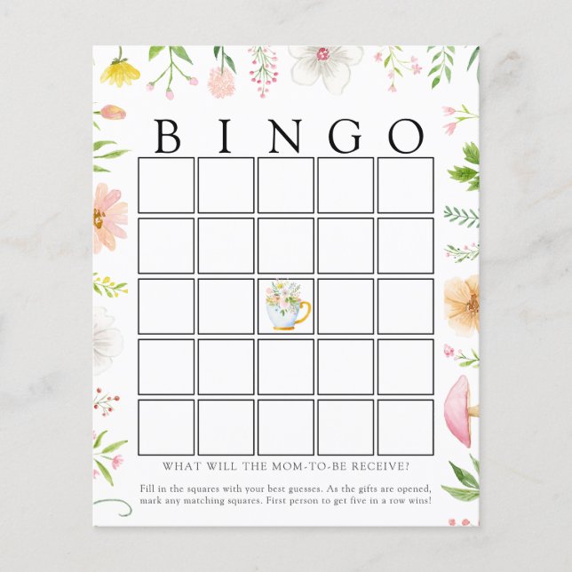 Whimsical Wildflower Tea Baby Bingo Game Card (Front)