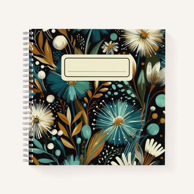  Whimsical Wildflower – Teal Blooms, Golden Accent Notebook (Front)