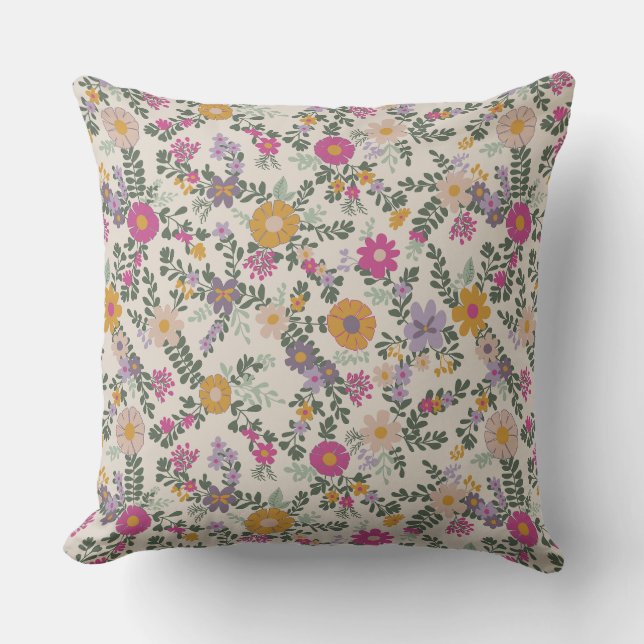 Whimsical Wildflower Throw Pillow – Folk Floral (Front)