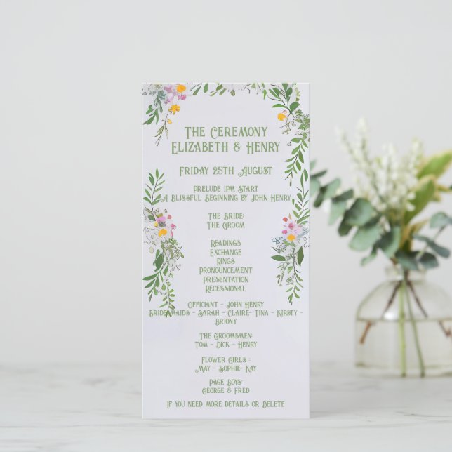 Whimsical Wildflower Wedding Ceremony Invitation (Standing Front)