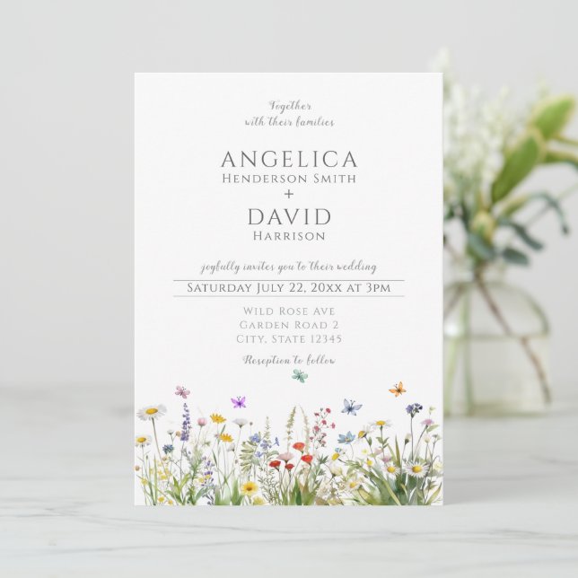 Whimsical Wildflowers Butterflies Wedding Invitation (Standing Front)