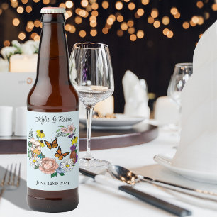 Whimsical Wildflowers Butterfly Mushroom Wedding Beer Bottle Label