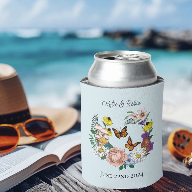 Whimsical Wildflowers Butterfly Mushroom Wedding Can Cooler (Creator Uploaded)