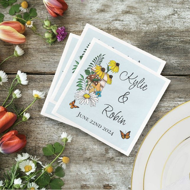 Whimsical Wildflowers Butterfly Mushroom Wedding Paper Dinner Napkins (Creator Uploaded)