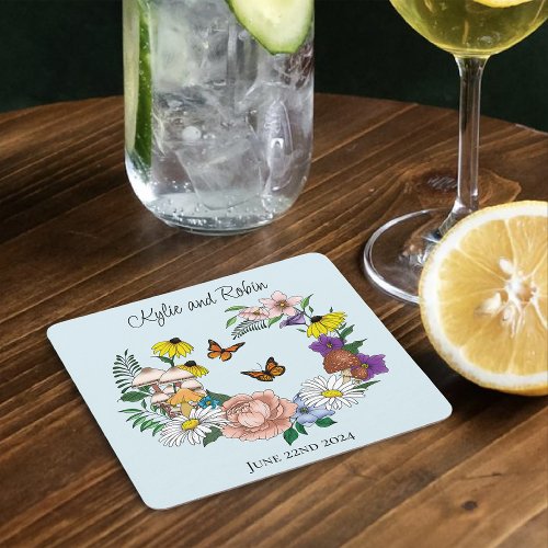 Whimsical Wildflowers Butterfly Mushroom Wedding Square Paper Coaster