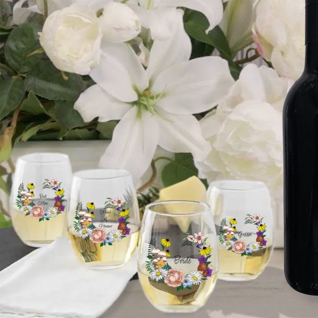 Whimsical Wildflowers Butterfly Mushroom Wedding Stemless Wine Glass (Creator Uploaded)