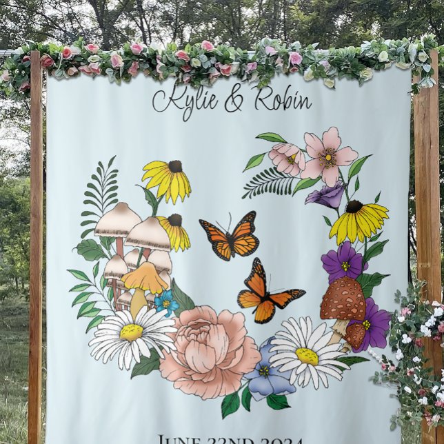 Whimsical Wildflowers Butterfly Mushroom Wedding Tapestry (Creator Uploaded)