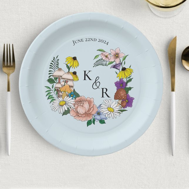 Whimsical Wildflowers Butterfly Mushrooms Wedding Paper Plates (Creator Uploaded)