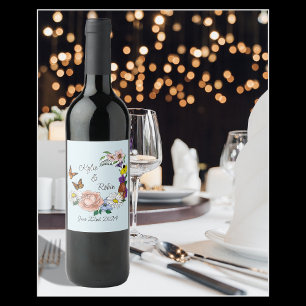 Whimsical Wildflowers Butterly Mushroom Wedding Wine Label