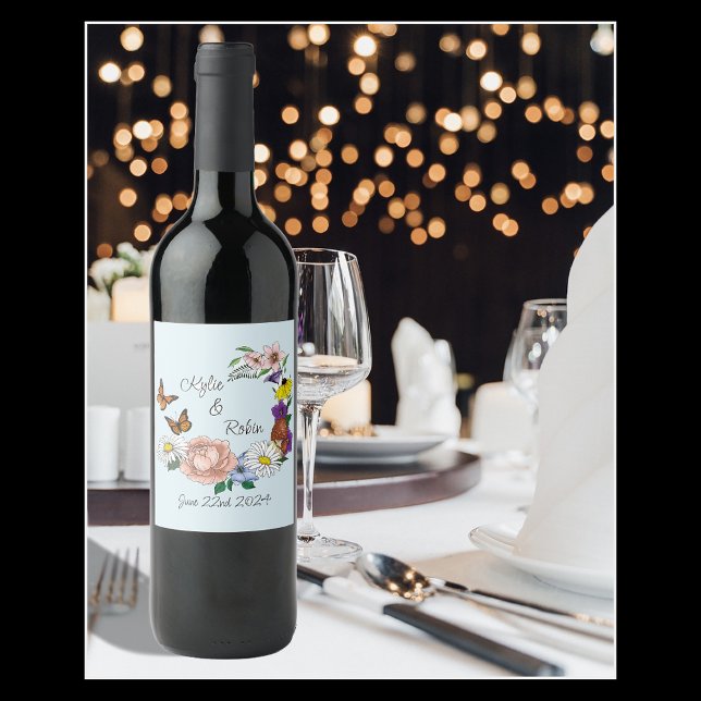 Whimsical Wildflowers Butterly Mushroom Wedding Wine Label (Creator Uploaded)