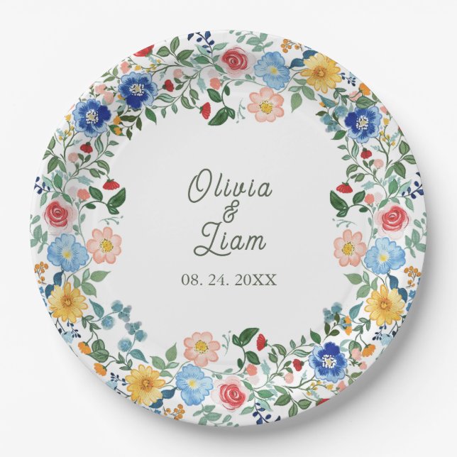 Whimsical Wildflowers Floral Garden Wedding Paper Plates (Front)