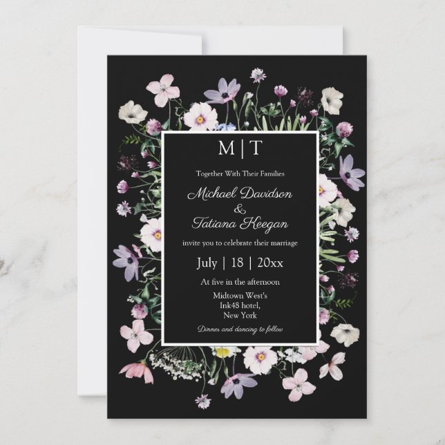 whimsical wildflowers garden modern black wedding invitation (Front)