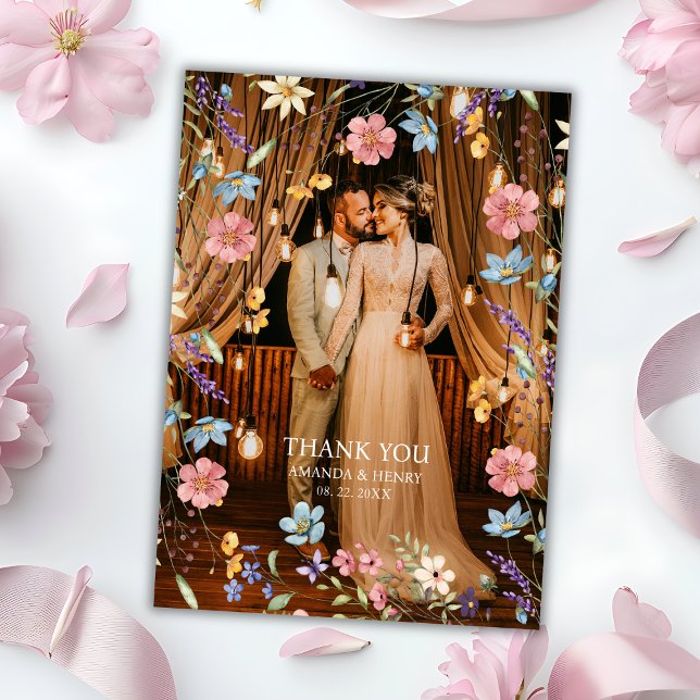 Whimsical Wildflowers Photo Garden Wedding Thank You Card (Creator Uploaded)