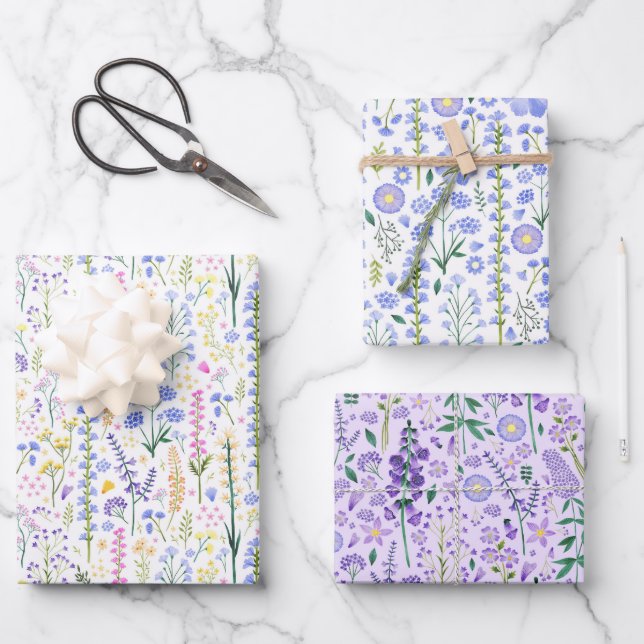 Whimsical Wildflowers Pretty Spring Pattern Wrapping Paper Sheets (Front)