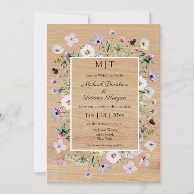 whimsical wildflowers rustic wood country wedding invitation (Front)